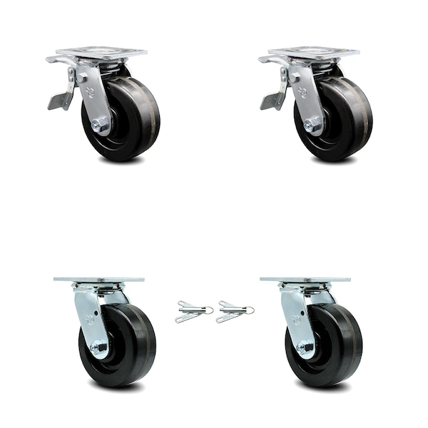 5 Inch Phenolic Caster Set with Roller Bearings 2 Brakes 2 Swivel Locks SCC
